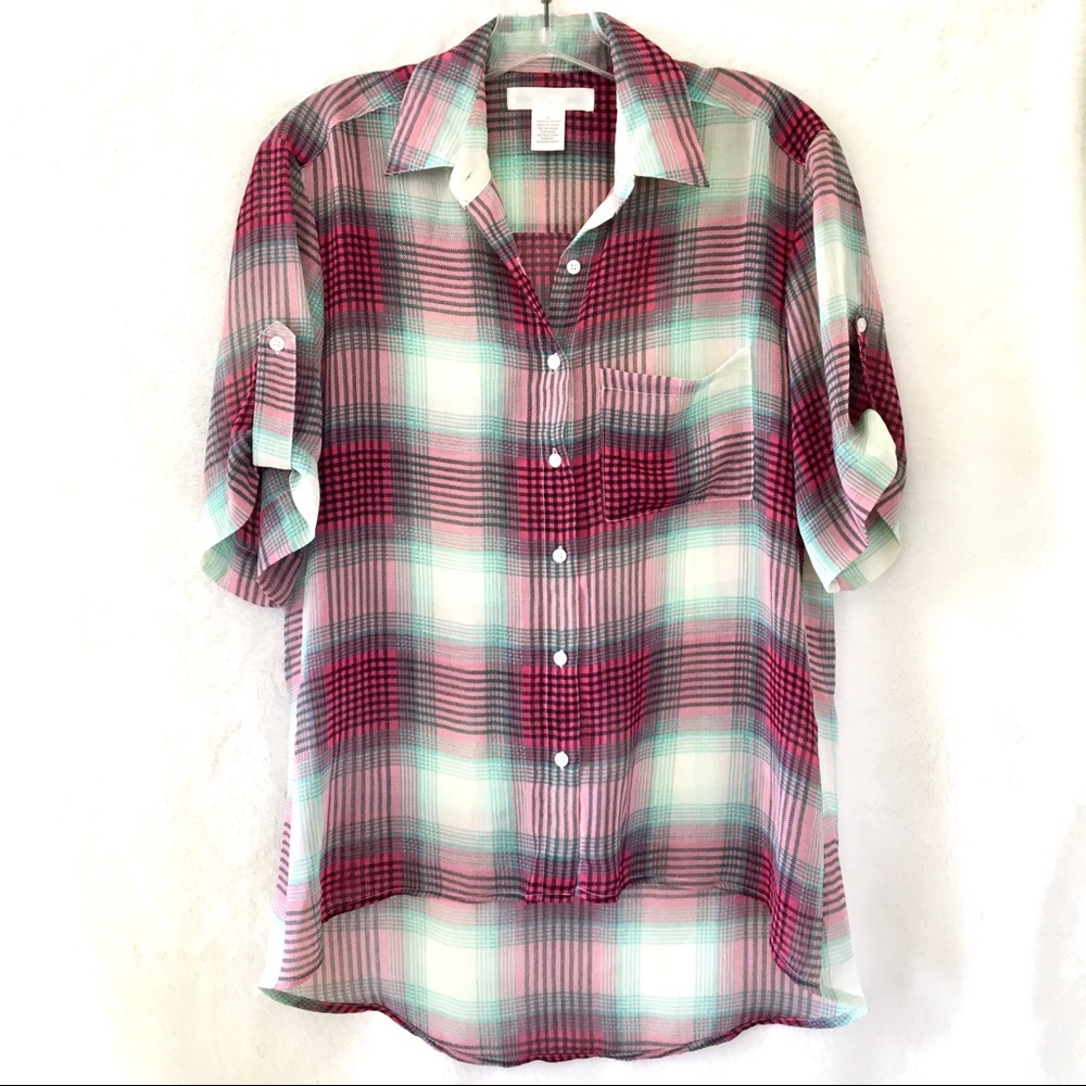 Band of Gypsies Semi-Sheer Plaid Short Sleeve Shirt